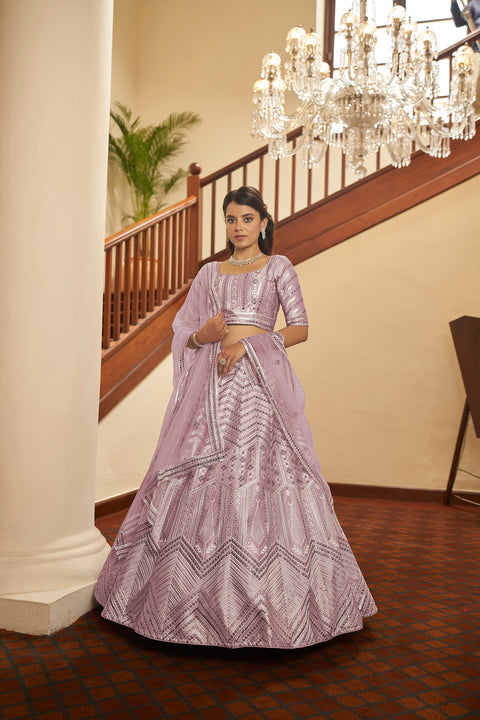 Dusty Pink Silk Embroidered Wedding Party Contemporary Circular Bollywood Style Lehenga Choli ClothsVilla Main image