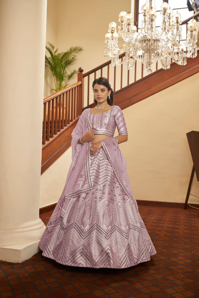 Dusty Pink Silk Embroidered Wedding Party Contemporary Circular Bollywood Style Lehenga Choli ClothsVilla