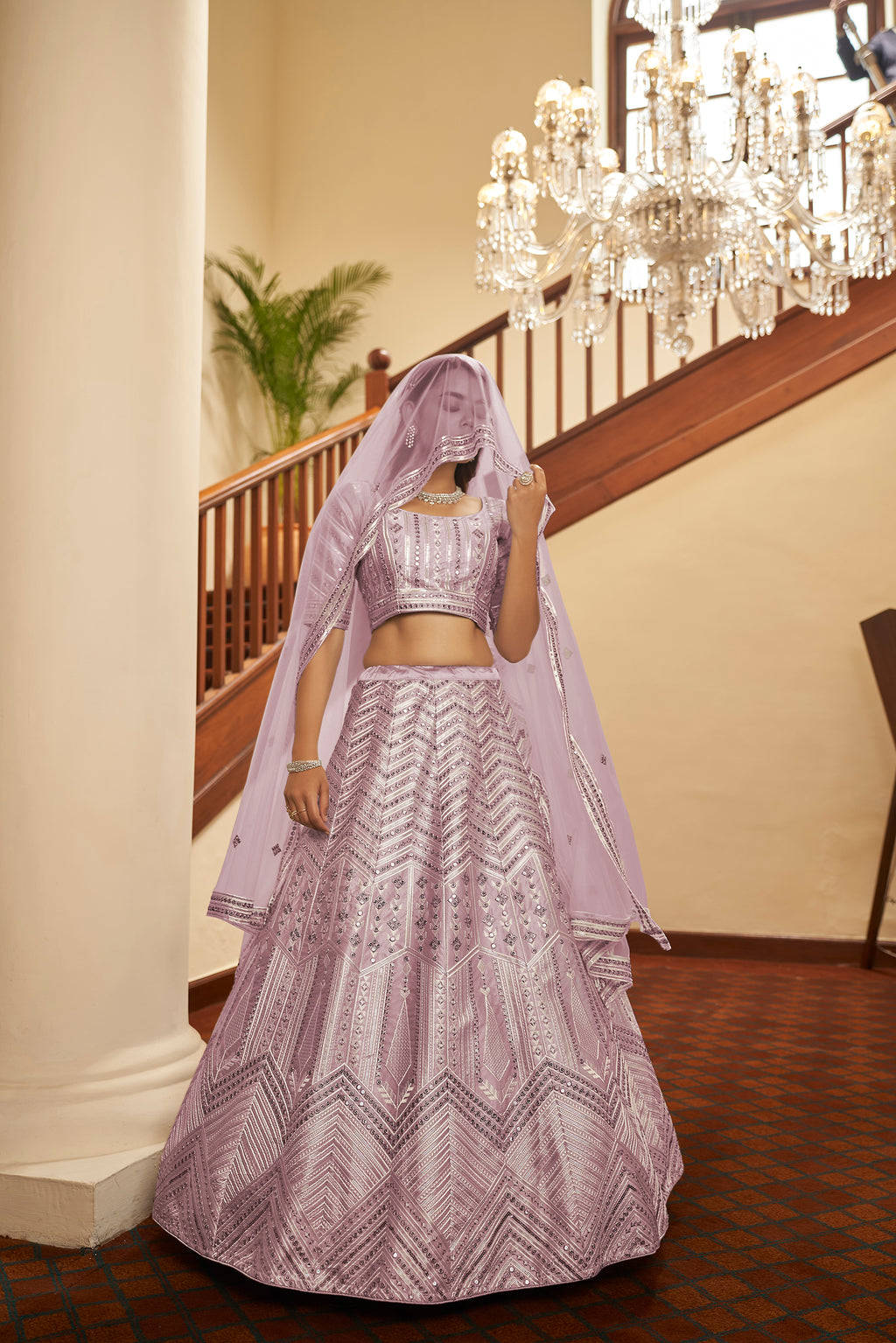 Dusty Pink Silk Embroidered Wedding Party Contemporary Circular Bollywood Style Lehenga Choli ClothsVilla
