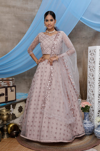 Dusty Purple Sequins Net Party Wear Lehenga Choli With Dupatta ClothsVilla