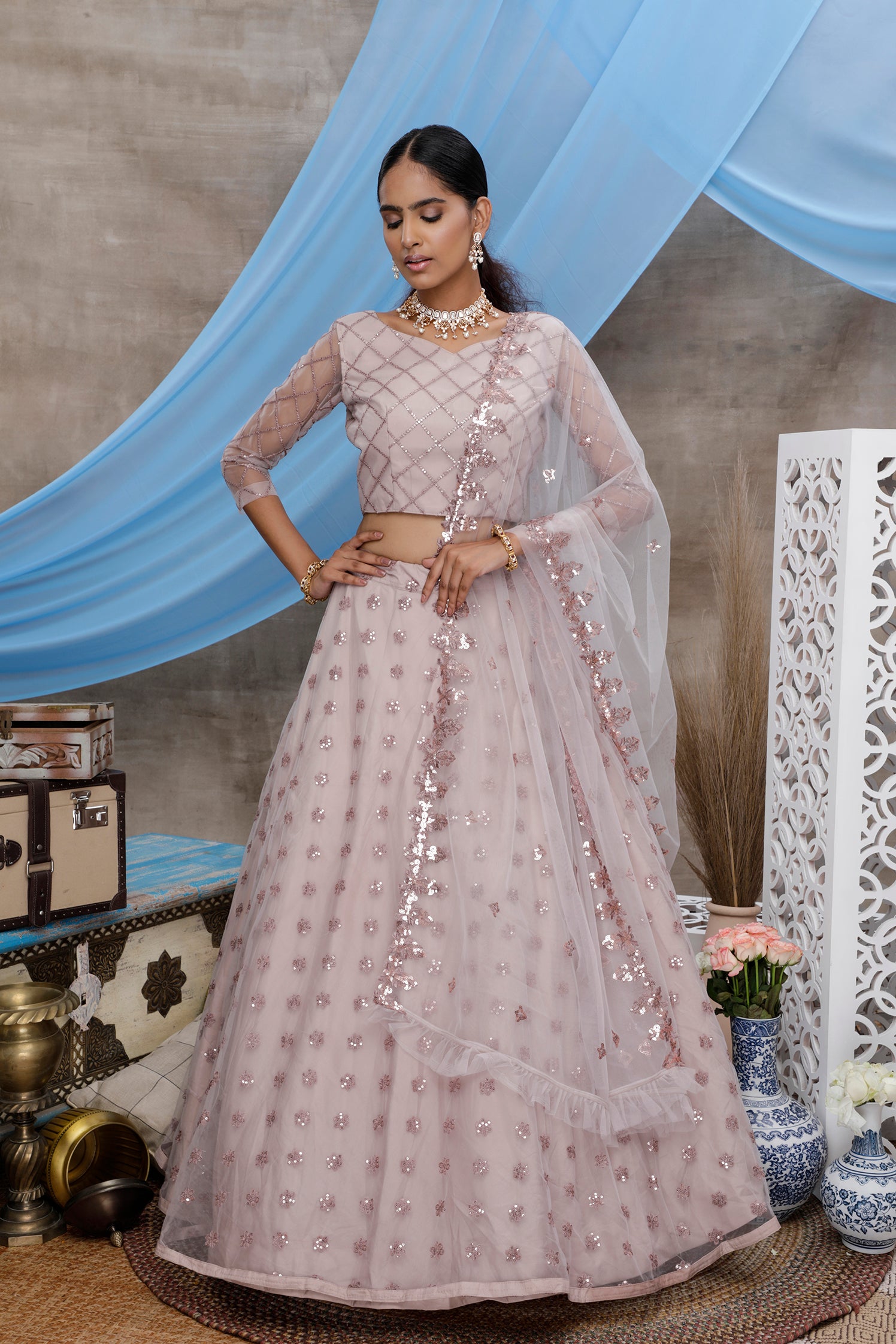 Dusty Purple Sequins Net Party Wear Lehenga Choli With Dupatta ClothsVilla