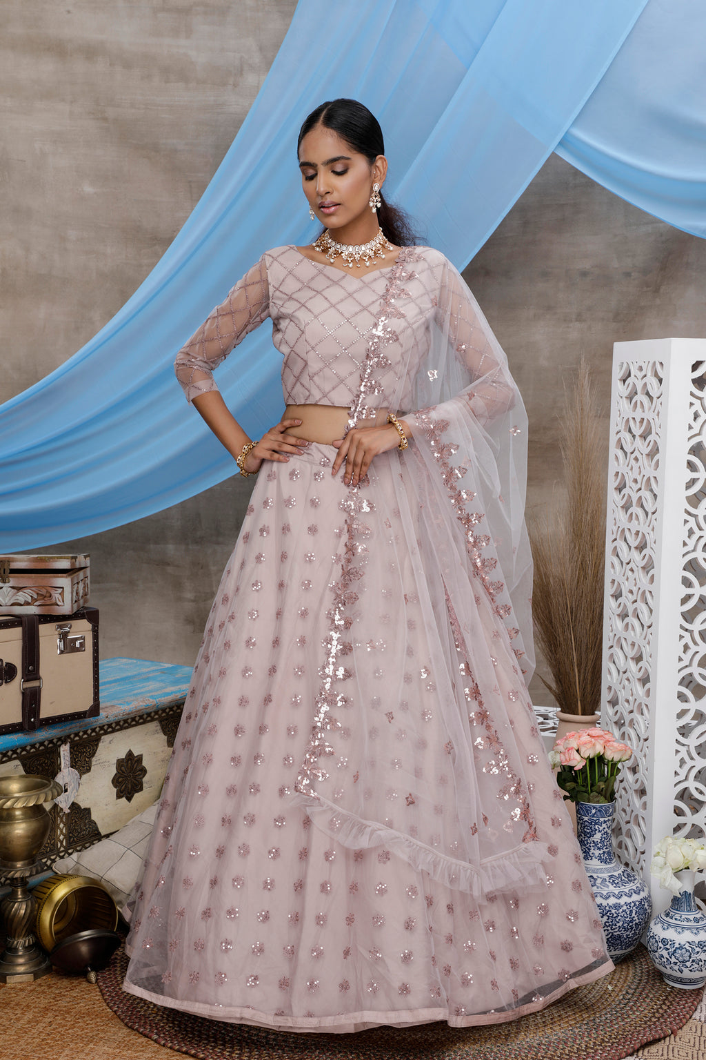 Dusty Purple Sequins Net Party Wear Lehenga Choli With Dupatta ClothsVilla