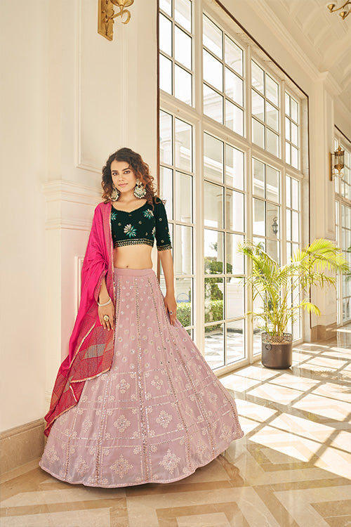 Dusty Pink Georgette Thread With Sequince Embroidered Lehenga Choli ClothsVilla.com