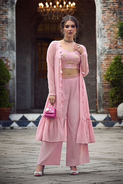 Dusty Pink Self Weaving Design Georgette Three Piece Co-Ord Set ClothsVilla.com