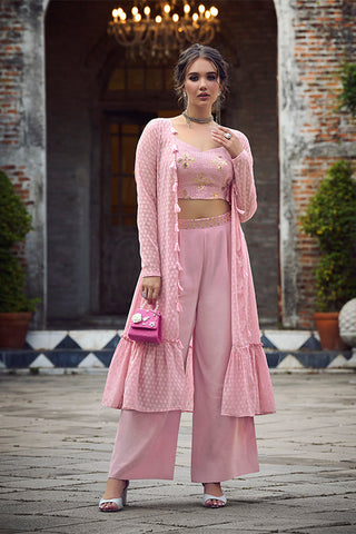 Dusty Pink Self Weaving Design Georgette Three Piece Co-Ord Set ClothsVilla.com