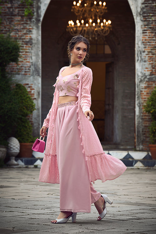 Dusty Pink Self Weaving Design Georgette Three Piece Co-Ord Set ClothsVilla.com