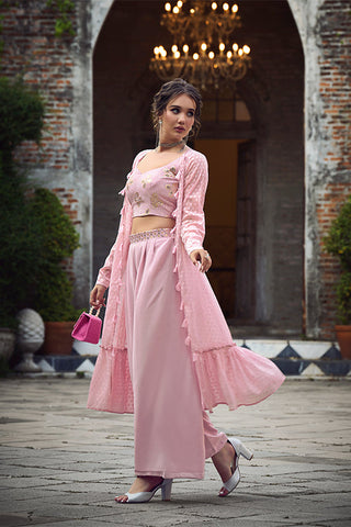 Dusty Pink Self Weaving Design Georgette Three Piece Co-Ord Set ClothsVilla.com