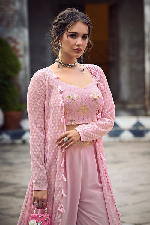 Dusty Pink Self Weaving Design Georgette Three Piece Co-Ord Set ClothsVilla.com