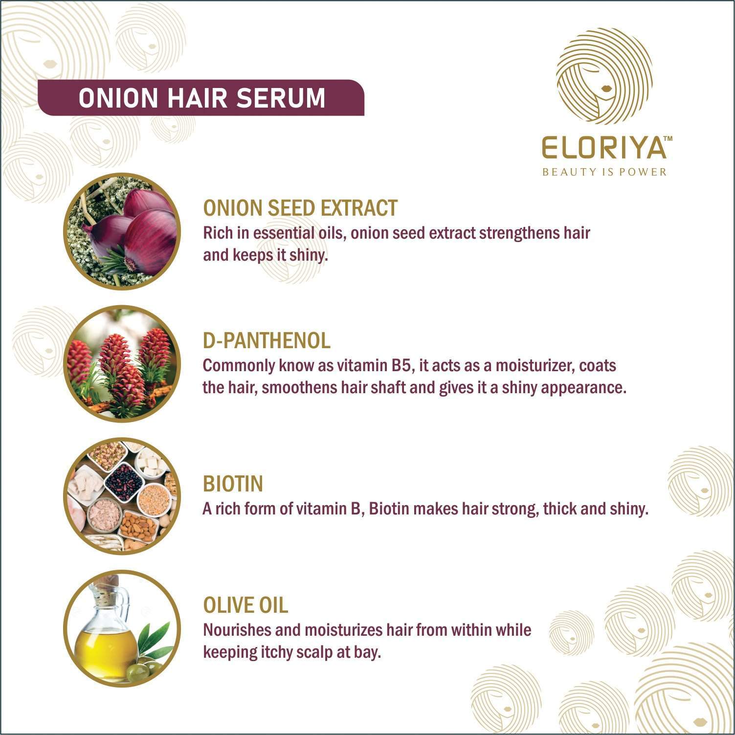 ELORIYA Onion Hair Serum for Strong and Frizz-Free Hair for Instant Smoothing, Repairing and Shining, 100 ml ELORIYA