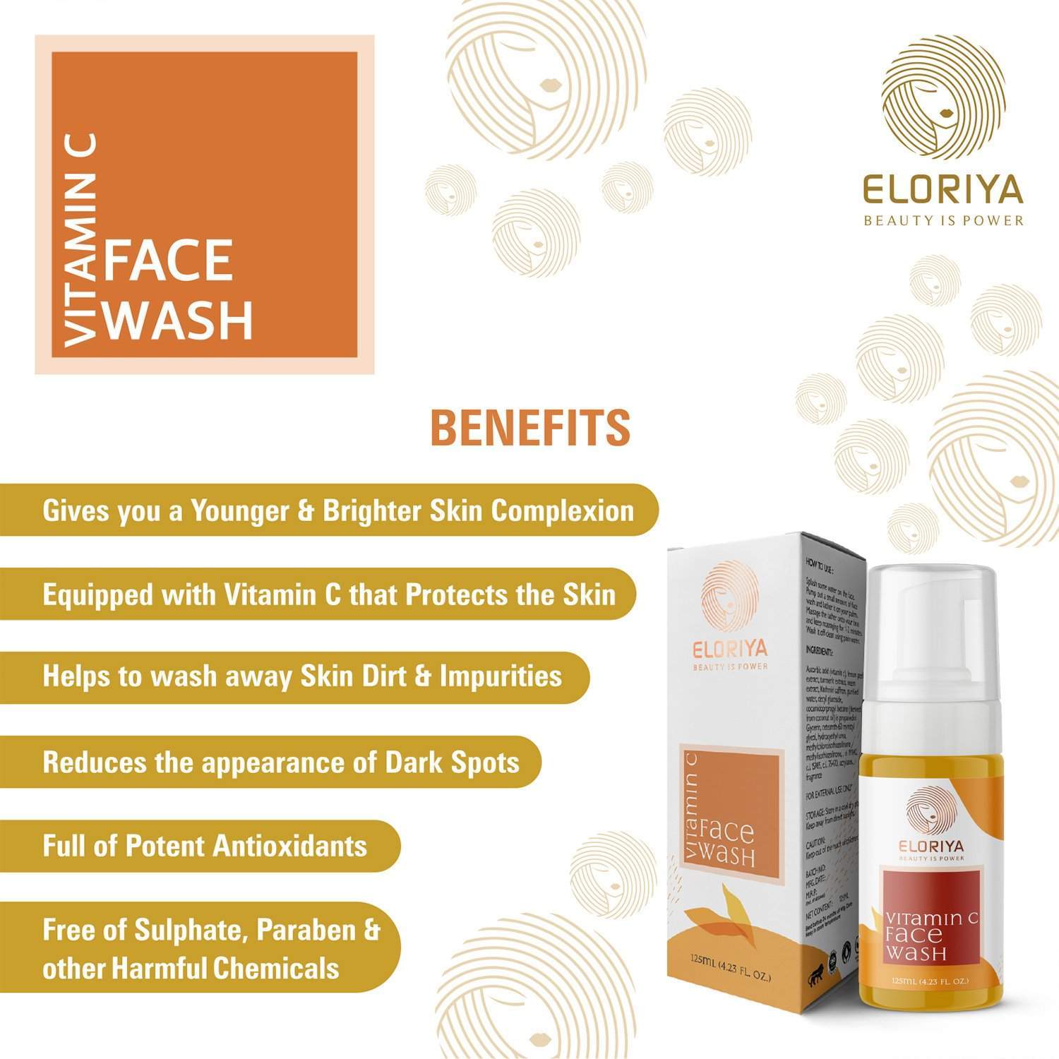 ELORIYA Vitamin C Foaming Face Wash,125 ml - For Skin Purification and Cleansing ELORIYA
