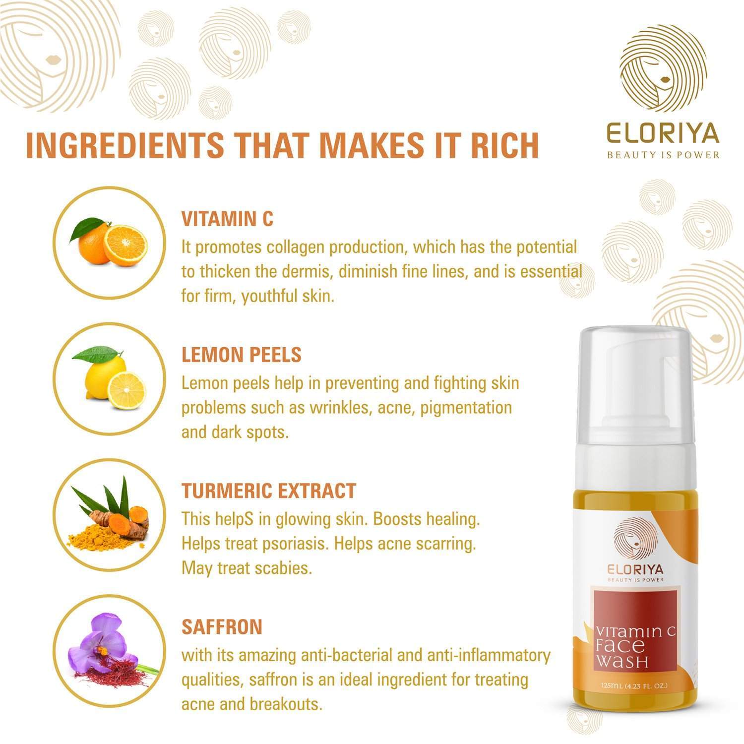 ELORIYA Vitamin C Foaming Face Wash,125 ml - For Skin Purification and Cleansing ELORIYA