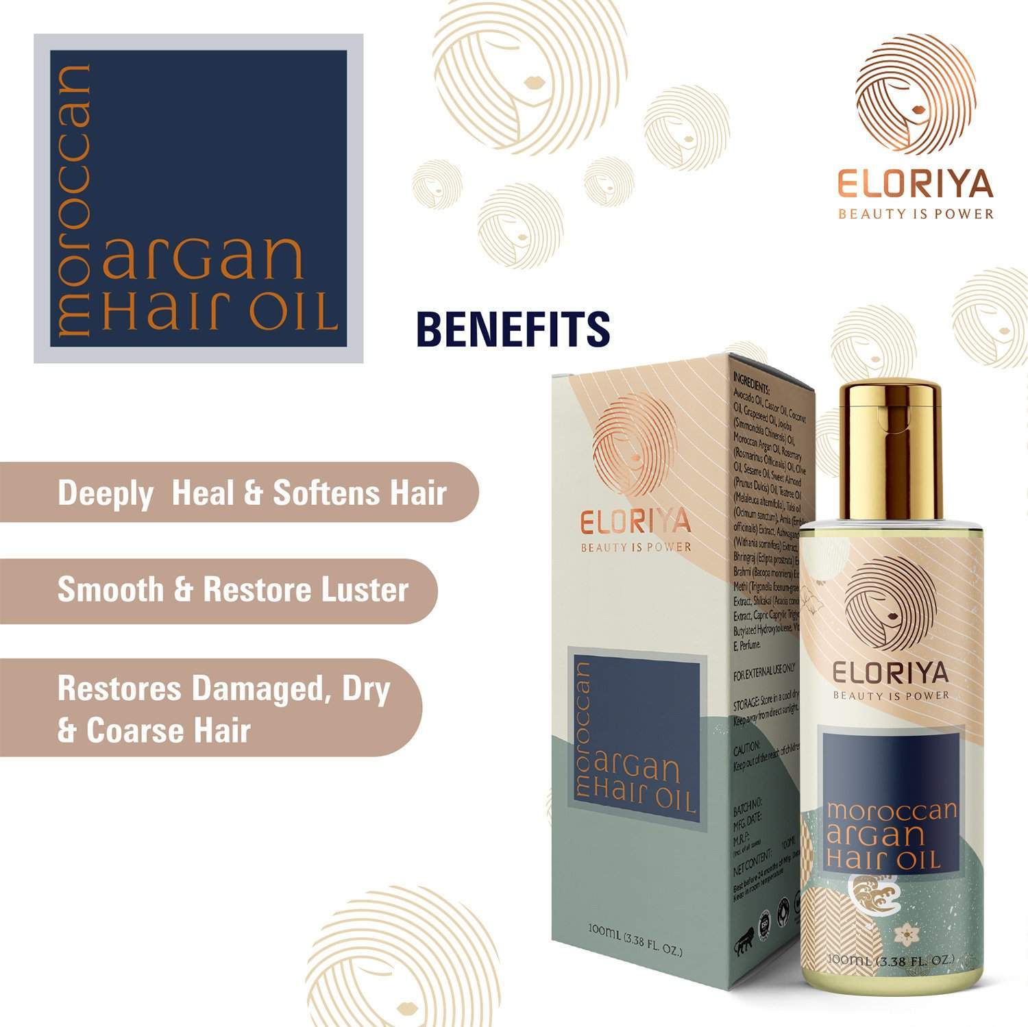ELORIYA Moroccan Argan Hair Oil for Restores Shining and Strengthening of Hair for Men and Women, 100 Ml ELORIYA