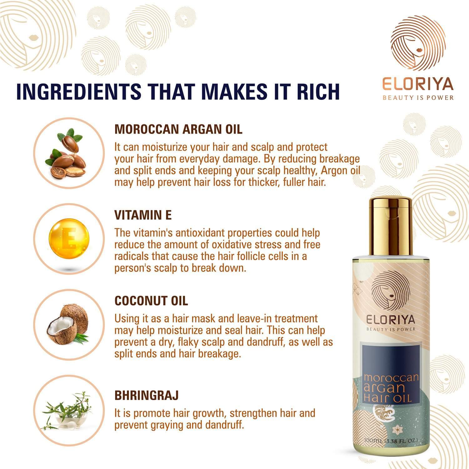 ELORIYA Moroccan Argan Hair Oil for Restores Shining and Strengthening of Hair for Men and Women, 100 Ml ELORIYA