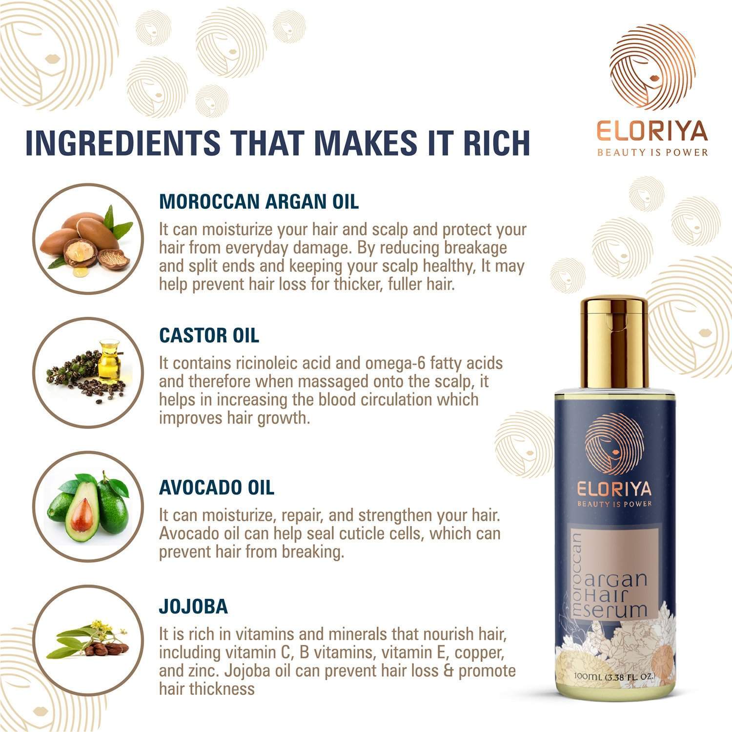ELORIYA Moroccan Argan Hair Serum for Strong and Frizz-Free Hair, for Men and Women, 100 Ml ELORIYA