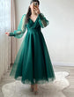 Load image into Gallery viewer, Dark Green Prom Dresses V-Neck Puffy Sleeves A-Line Evening Gown for Wedding Clothsvilla