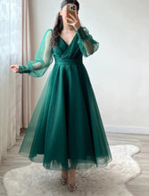 Load image into Gallery viewer, Dark Green Prom Dresses V-Neck Puffy Sleeves A-Line Evening Gown for Wedding Clothsvilla