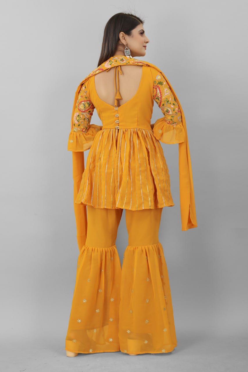Elegant Mustard Color Sequence Embroidery Work Plazzo Suit Clothsvilla
