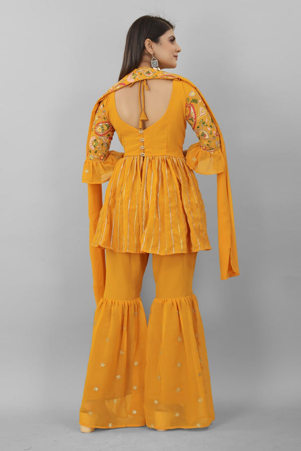 Elegant Mustard Color Sequence Embroidery Work Plazzo Suit Clothsvilla