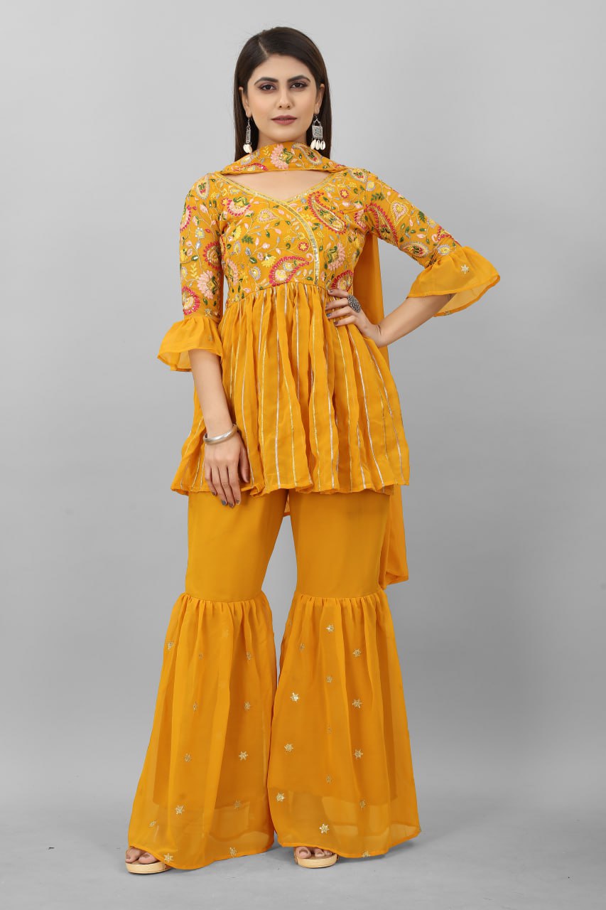 Elegant Mustard Color Sequence Embroidery Work Plazzo Suit Clothsvilla