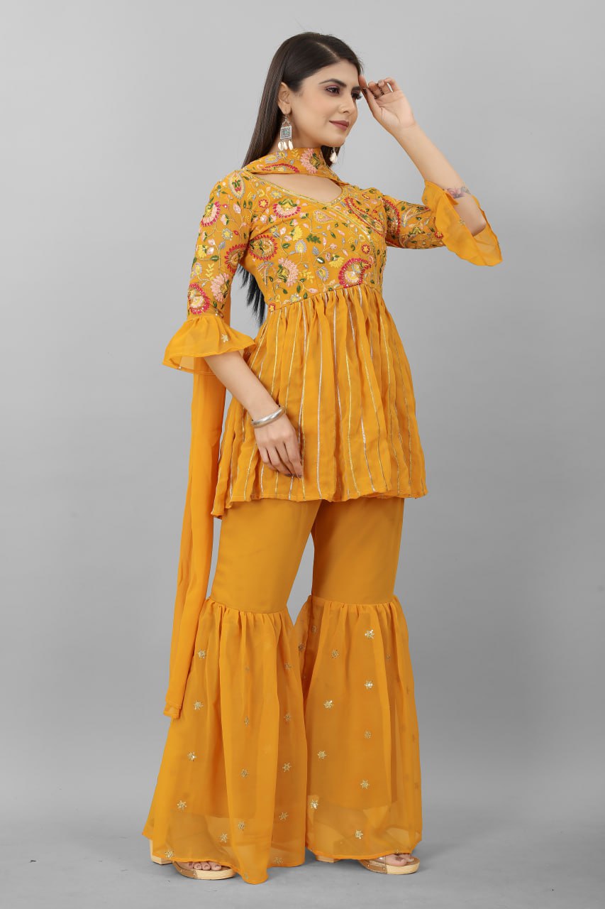 Elegant Mustard Color Sequence Embroidery Work Plazzo Suit Clothsvilla