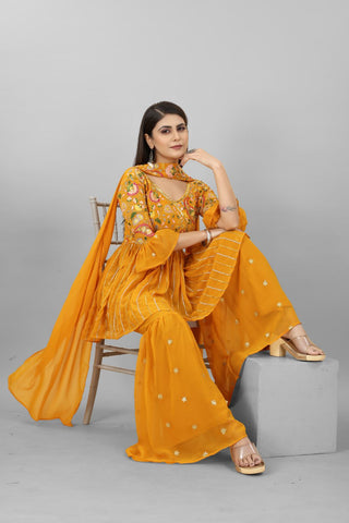 Elegant Mustard Color Sequence Embroidery Work Plazzo Suit Clothsvilla