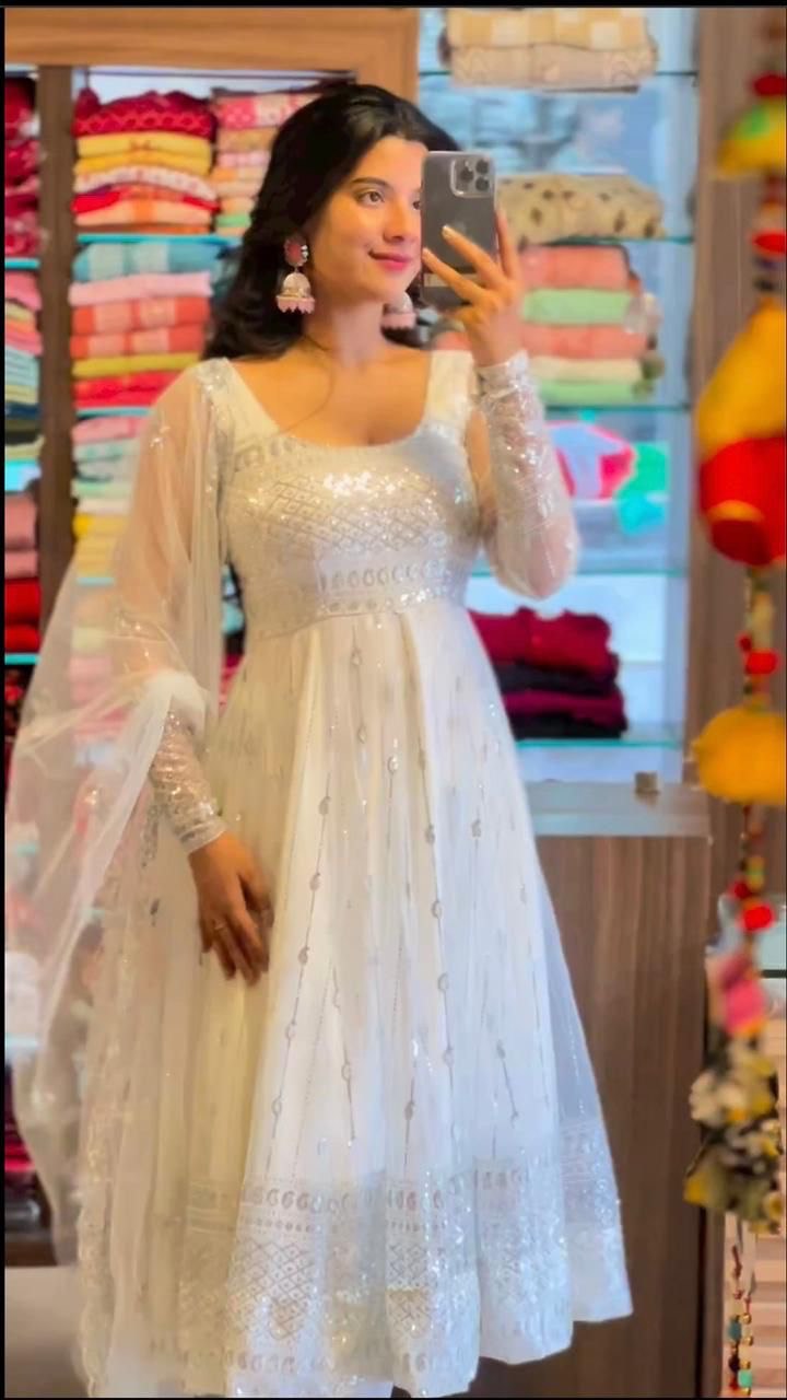 Elegant White Color Embroidery Sequence Work Gown Clothsvilla