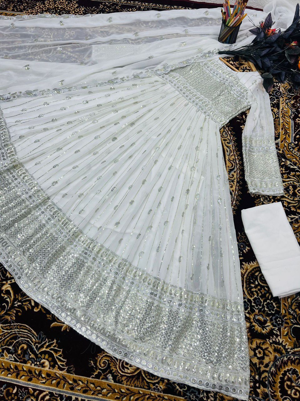 Elegant White Color Embroidery Sequence Work Gown Clothsvilla