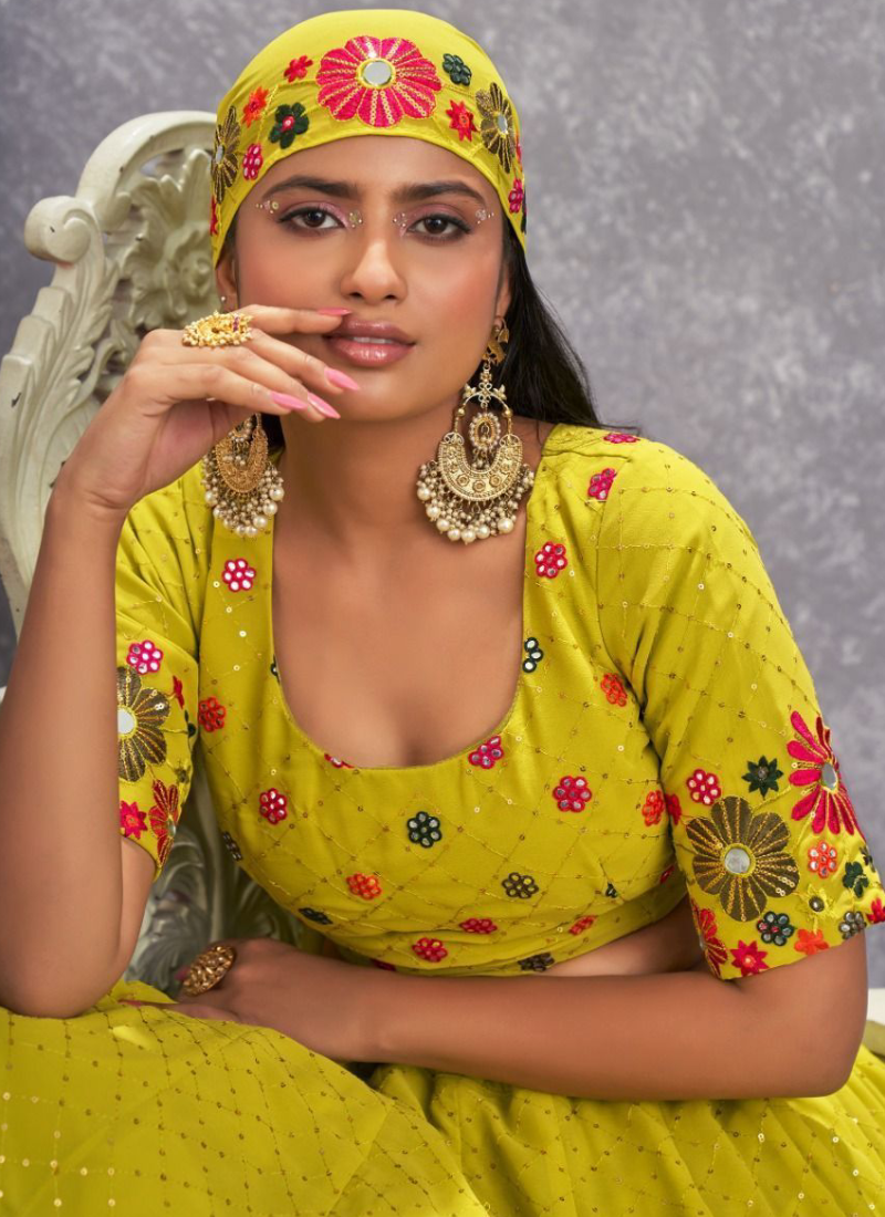 Embroidered Fluorescent Green Georgette Lehenga Choli ClothsVilla