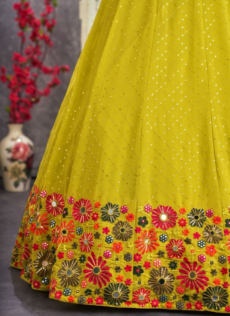 Embroidered Fluorescent Green Georgette Lehenga Choli ClothsVilla