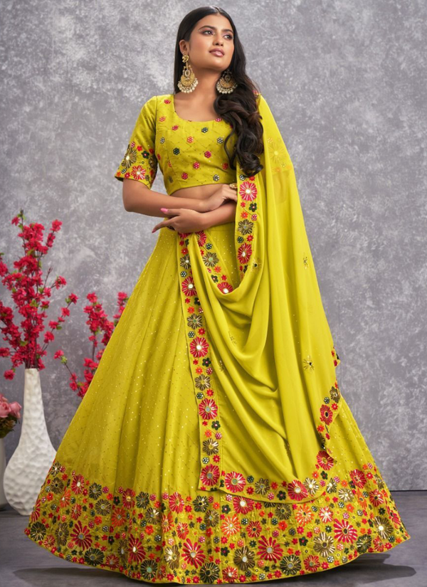 Embroidered Fluorescent Green Georgette Lehenga Choli ClothsVilla