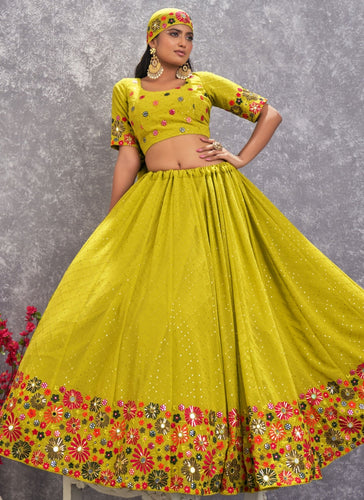 Embroidered Fluorescent Green Georgette Lehenga Choli ClothsVilla