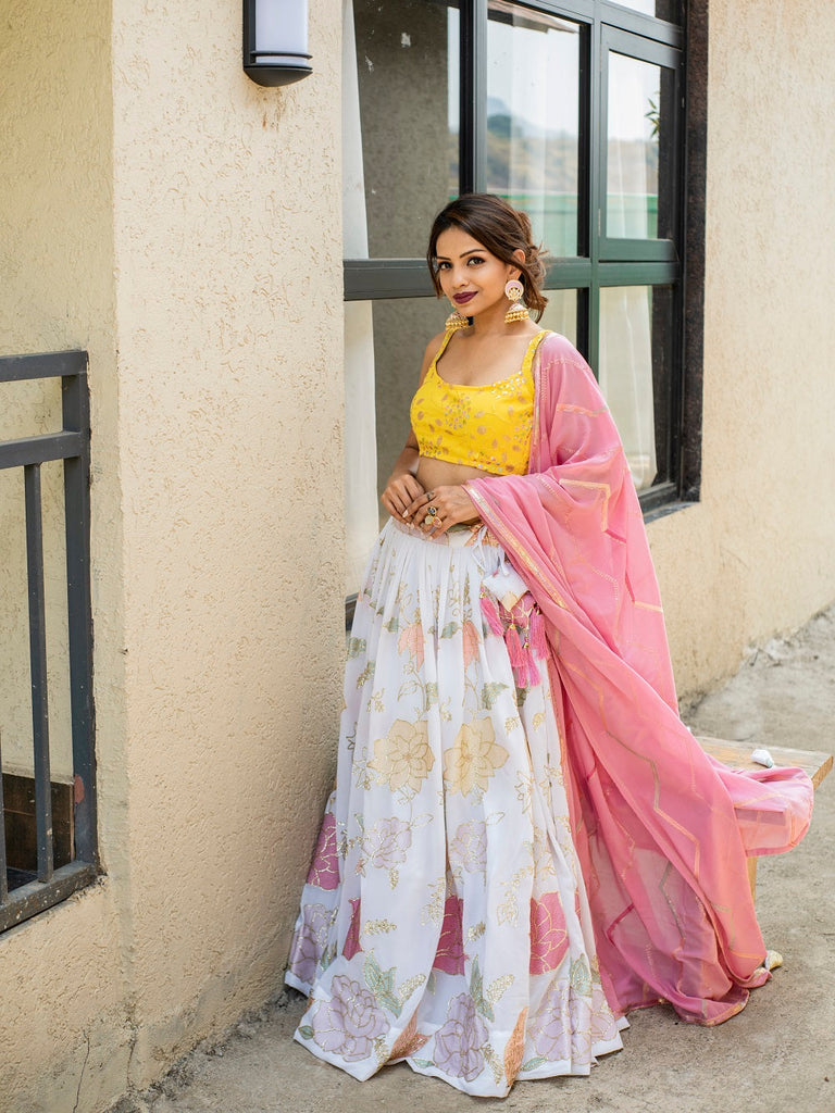 White And Pink Color Embroidery Work Lehenga Choli With Georgette Dupatta Clothsvilla