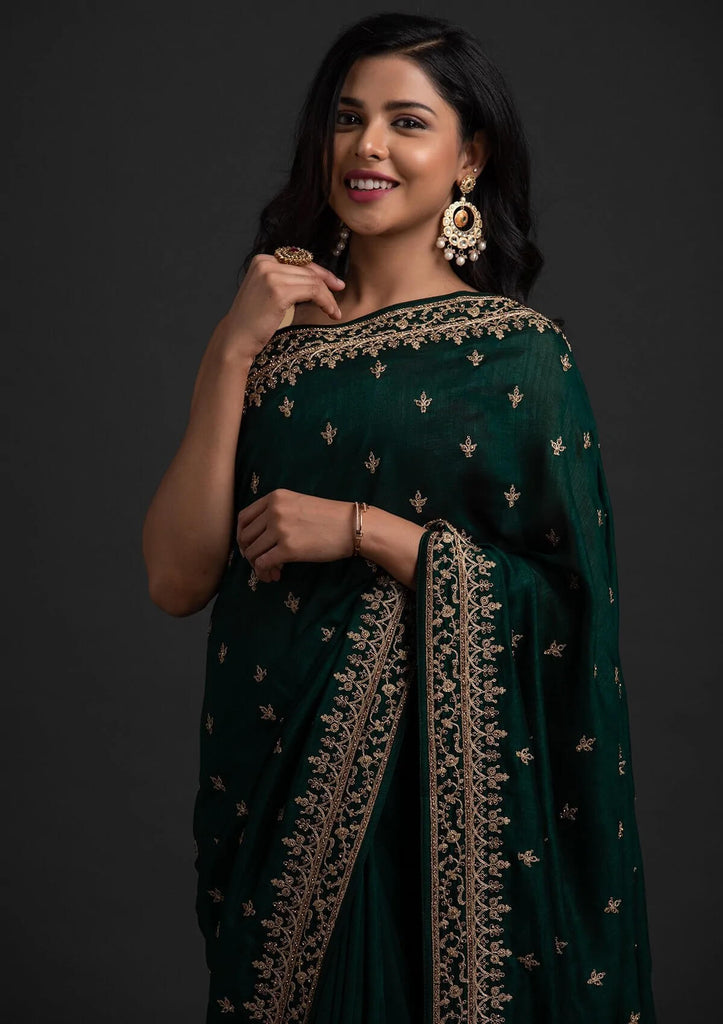Enchanting Green Dori And Sequins Embroidered Art Silk Wedding Saree Clothsvilla