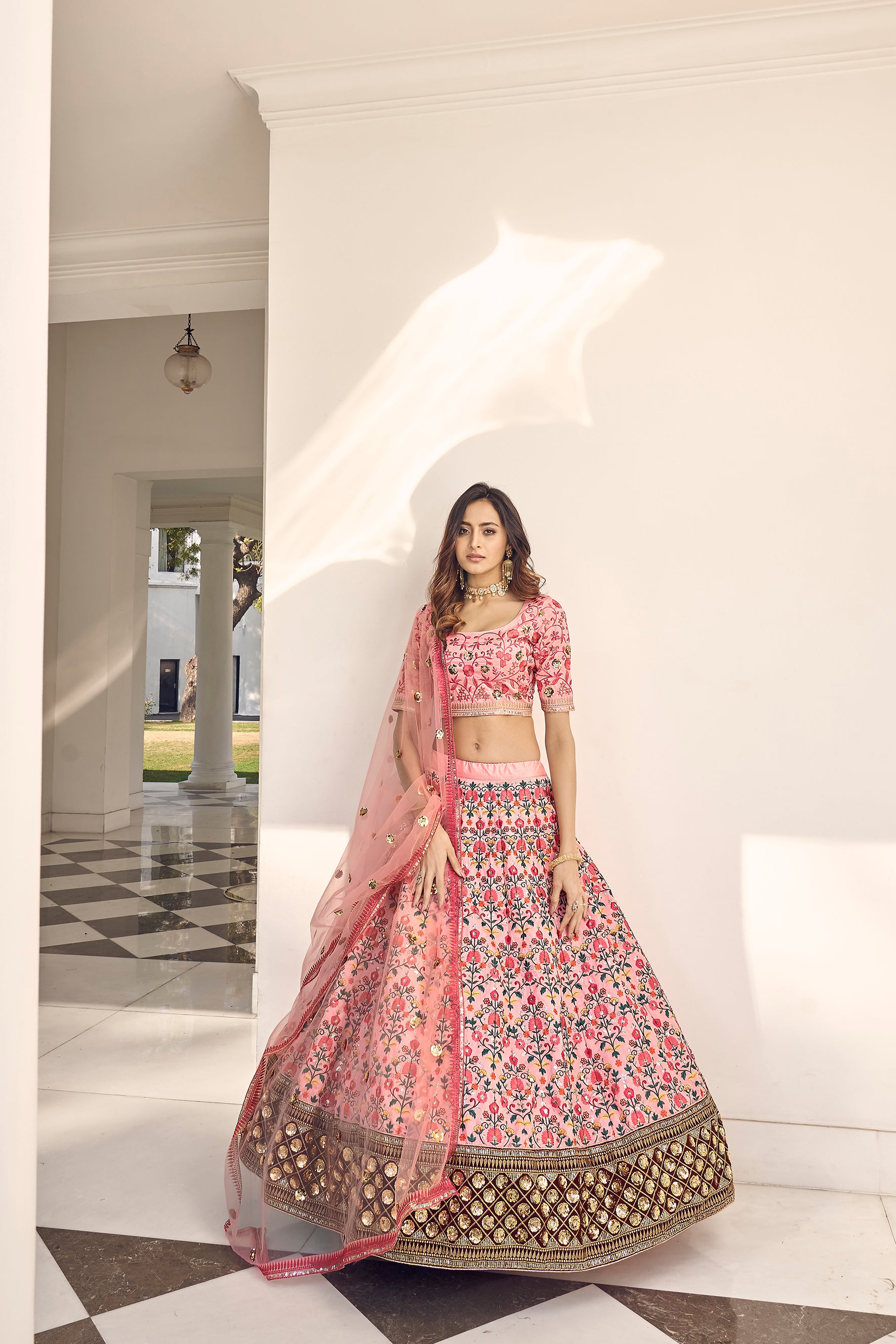 Enchanting Light Pink Sequins Embroidered Silk Wedding Wear Lehenga Choli ClothsVilla