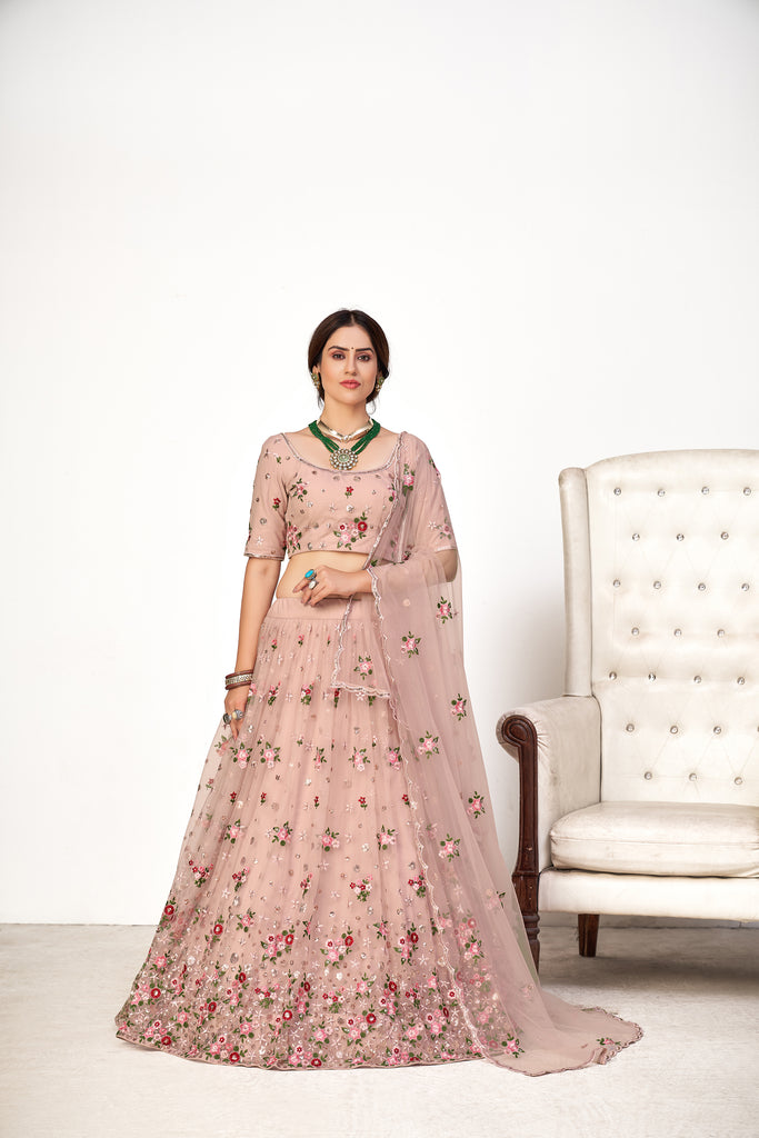 Enchanting Pink Embroidered Net Wedding Ghagra Choli With Dupatta ClothsVilla