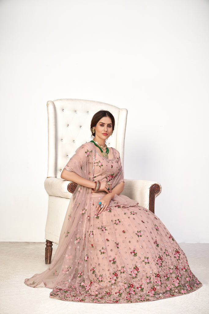 Enchanting Pink Embroidered Net Wedding Ghagra Choli With Dupatta ClothsVilla