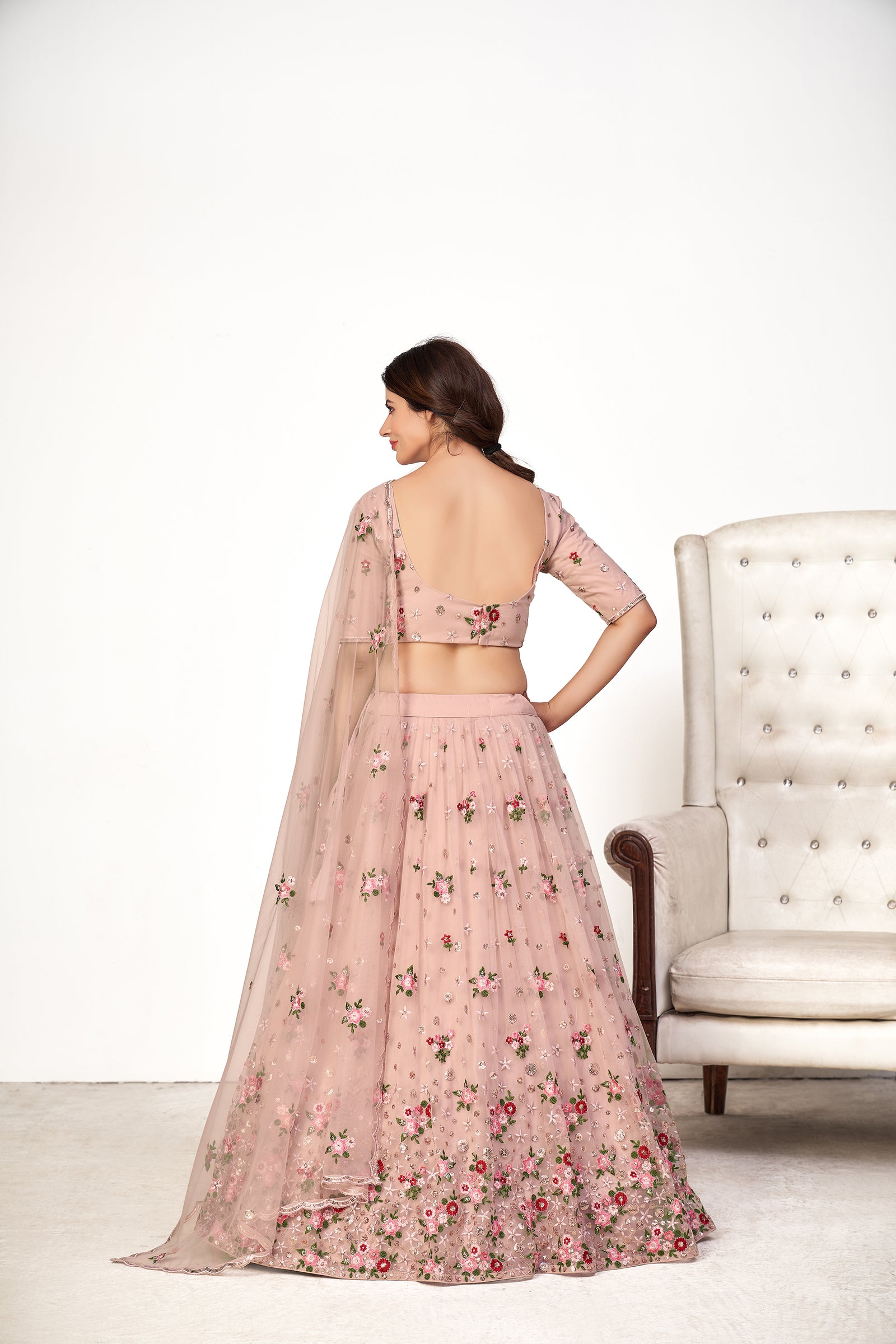 Enchanting Pink Embroidered Net Wedding Ghagra Choli With Dupatta ClothsVilla