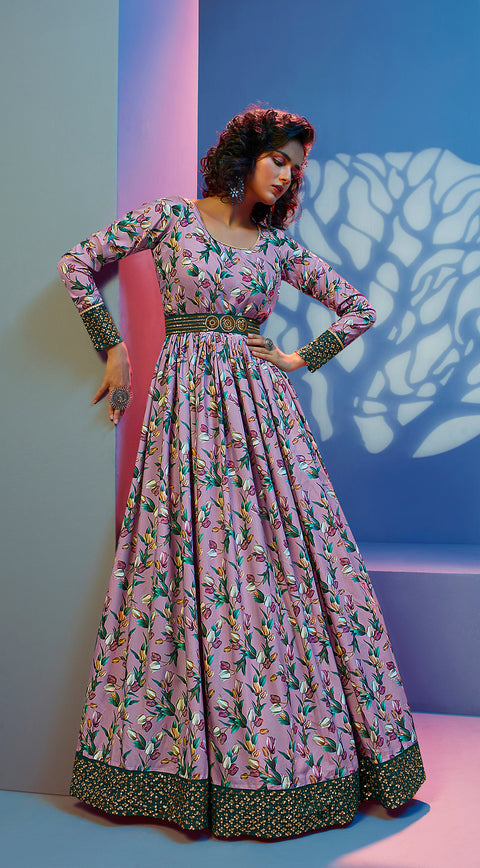 Enchasting Lavender Print With Sequince Embroidered Natural Crepe Anarkali Long Gown Semi Stitched ClothsVilla Main image