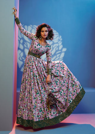 Enchasting Lavender Print With Sequince Embroidered Natural Crepe Anarkali Long Gown Semi Stitched ClothsVilla