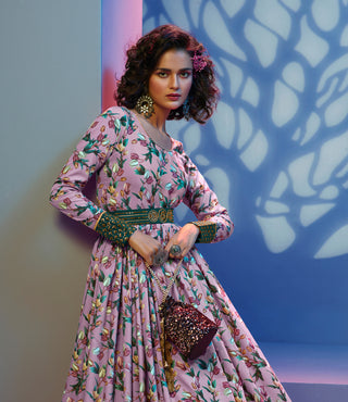 Enchasting Lavender Print With Sequince Embroidered Natural Crepe Anarkali Long Gown Semi Stitched ClothsVilla