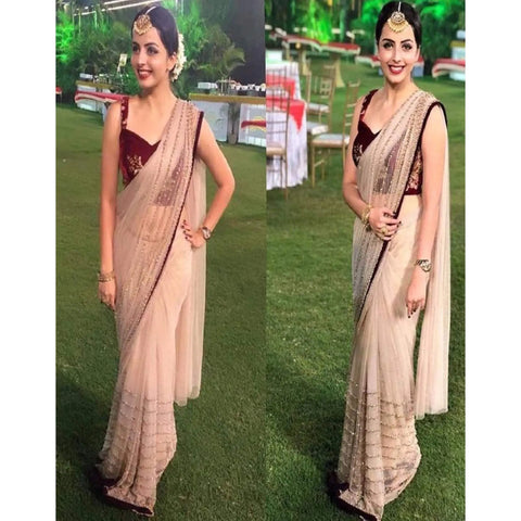 Energetic Beige Color Designer Party Wear Fancy Thread Work Party Wear Sarees ClothsVilla Main image