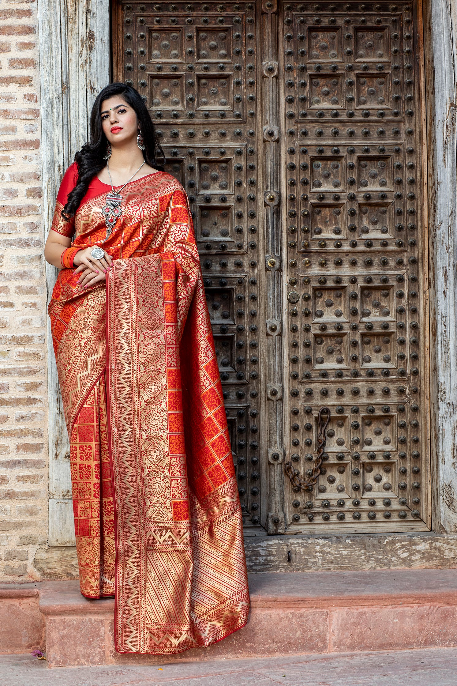 Engaging Red Woven Banarasi Silk Bridal Saree ClothsVilla