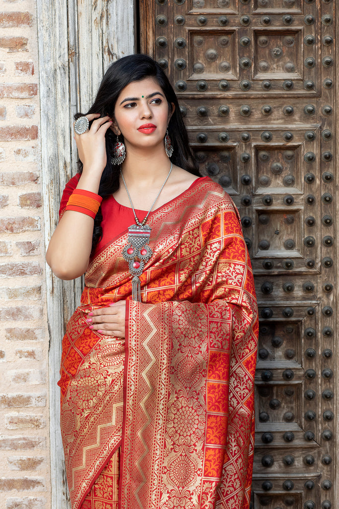 Engaging Red Woven Banarasi Silk Bridal Saree ClothsVilla