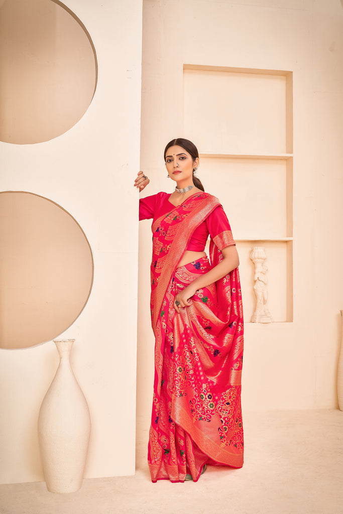 Enthralling Pink Color Banarasi Silk Base Silk Weave Saree ClothsVilla