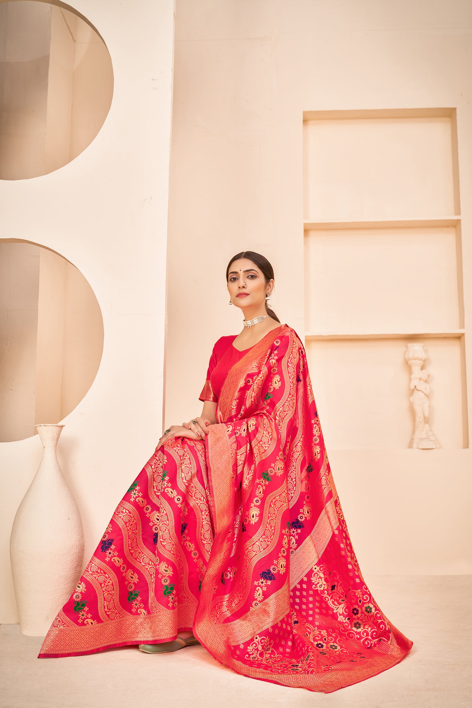 Enthralling Pink Color Banarasi Silk Base Silk Weave Saree ClothsVilla