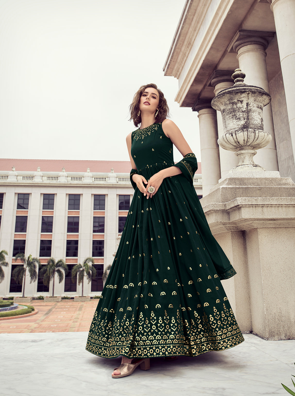 Ethnic Green Color Thread Sequence Work Gown Clothsvilla