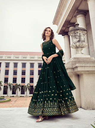 Ethnic Green Color Thread Sequence Work Gown Clothsvilla