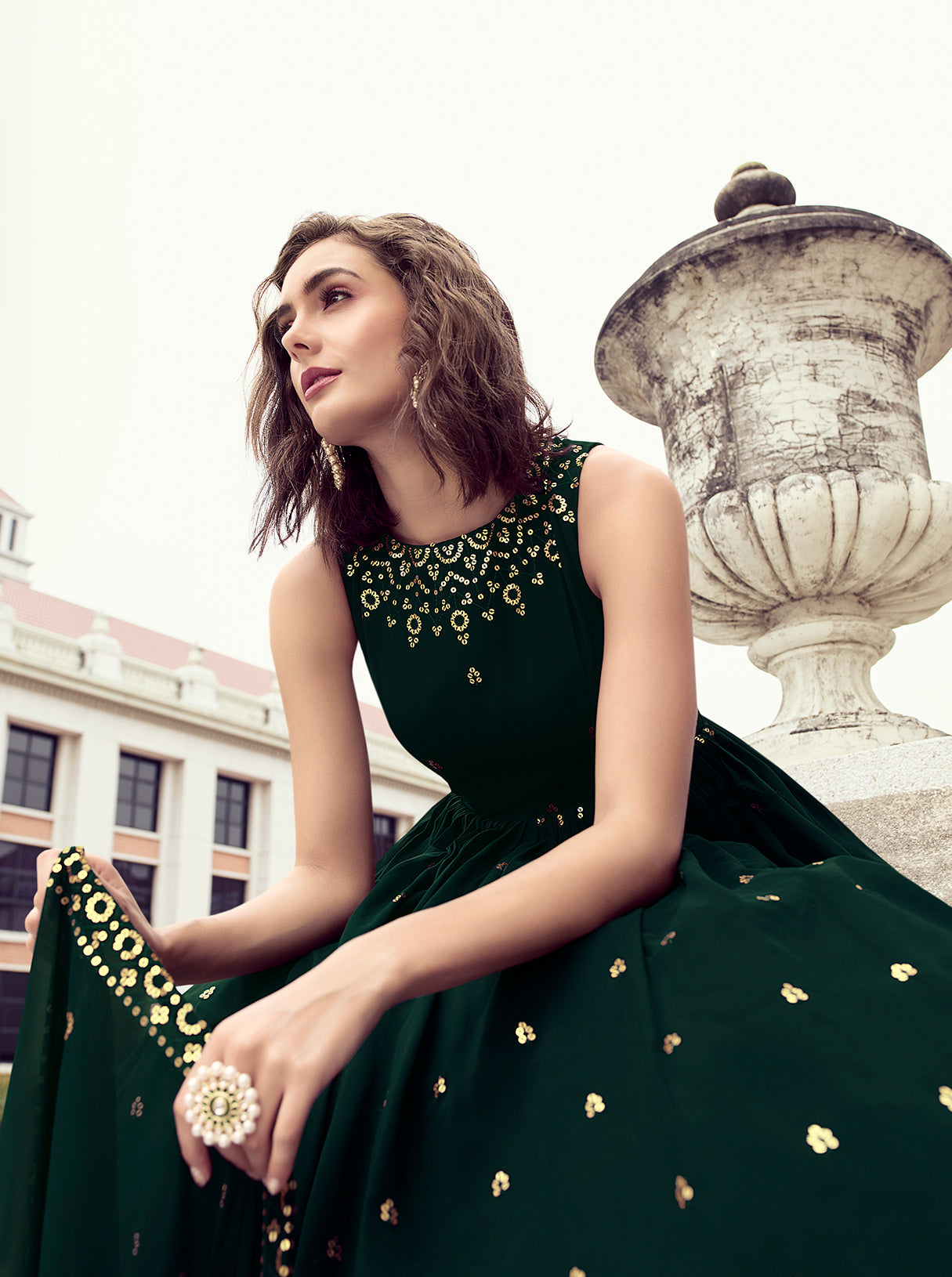 Ethnic Green Color Thread Sequence Work Gown Clothsvilla
