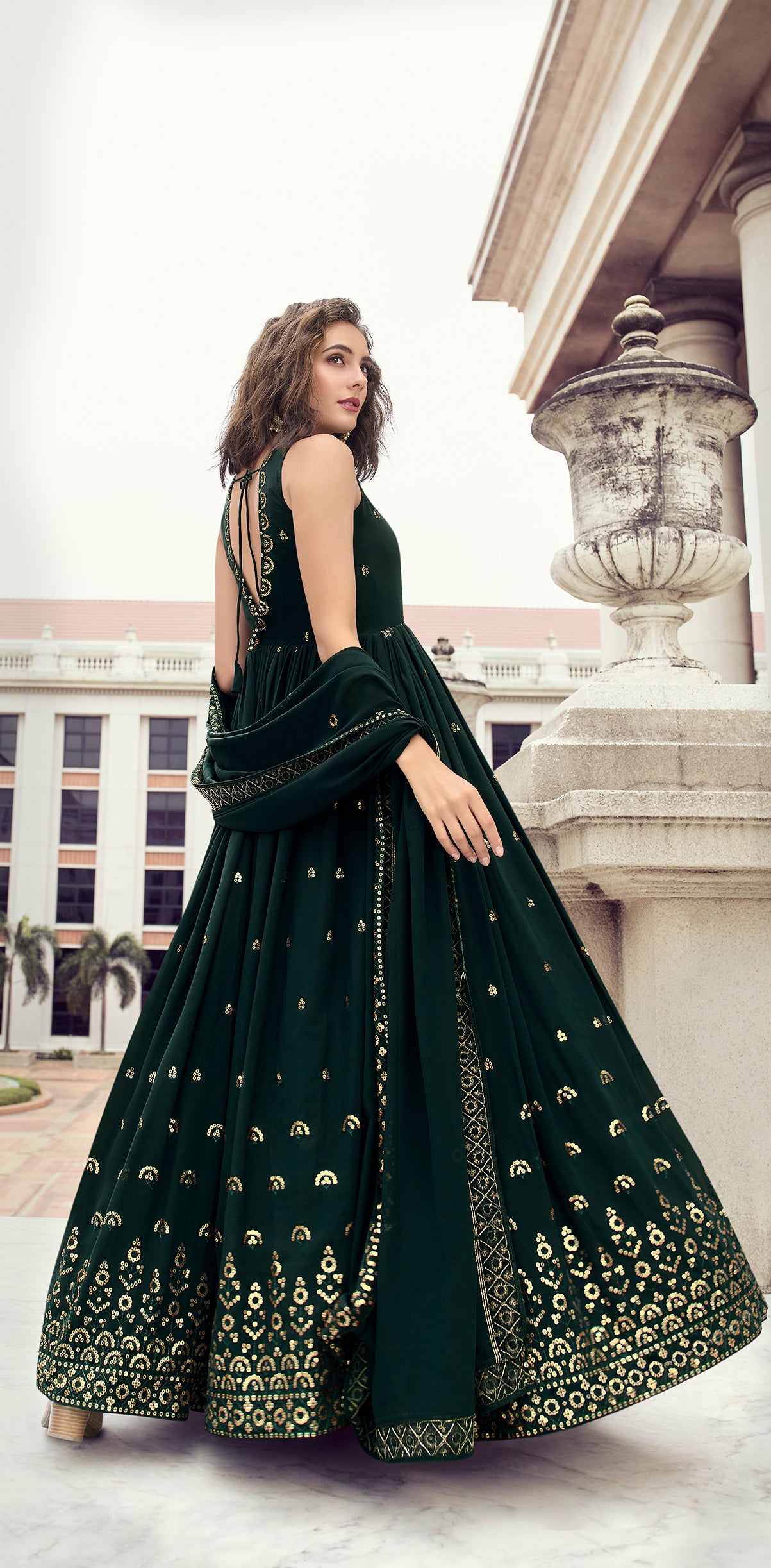 Ethnic Green Color Thread Sequence Work Gown Clothsvilla