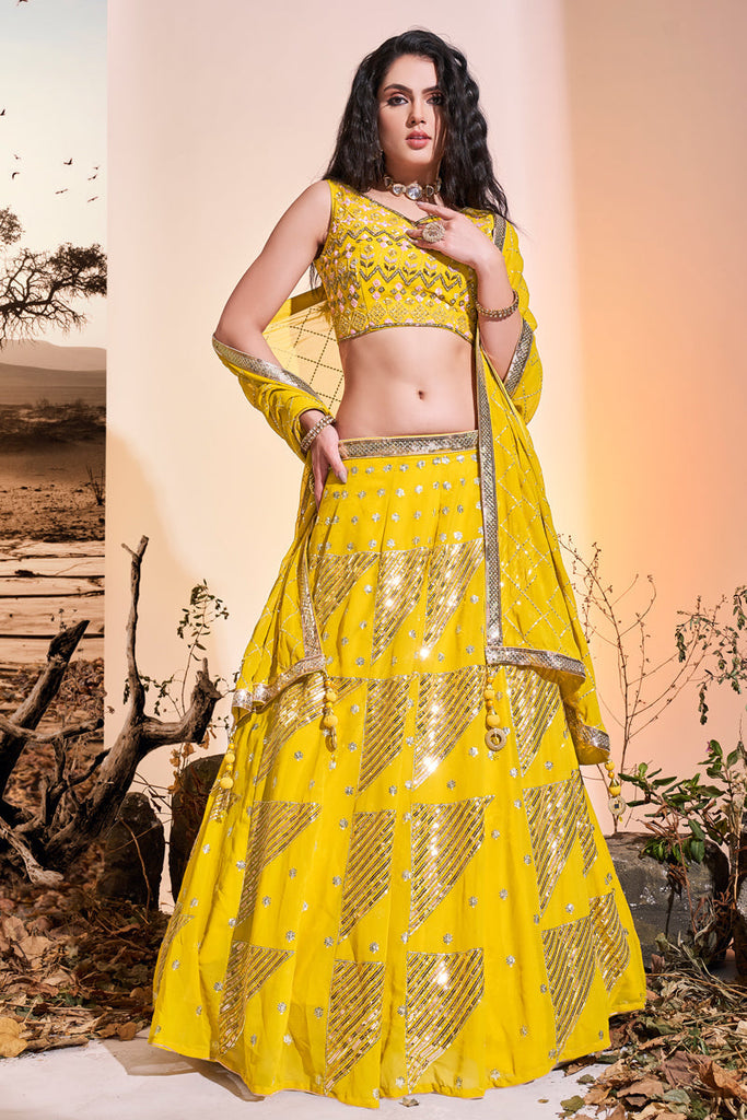 Georgette Yellow Color Readymade Sequins Designs Lehenga Clothsvilla